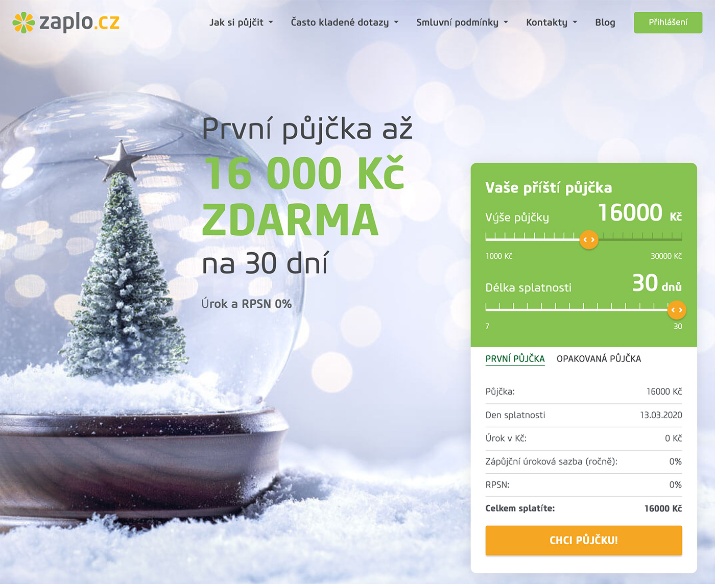 Titulní stránka webu www.zaplo.cz s formulářem pro online žádost