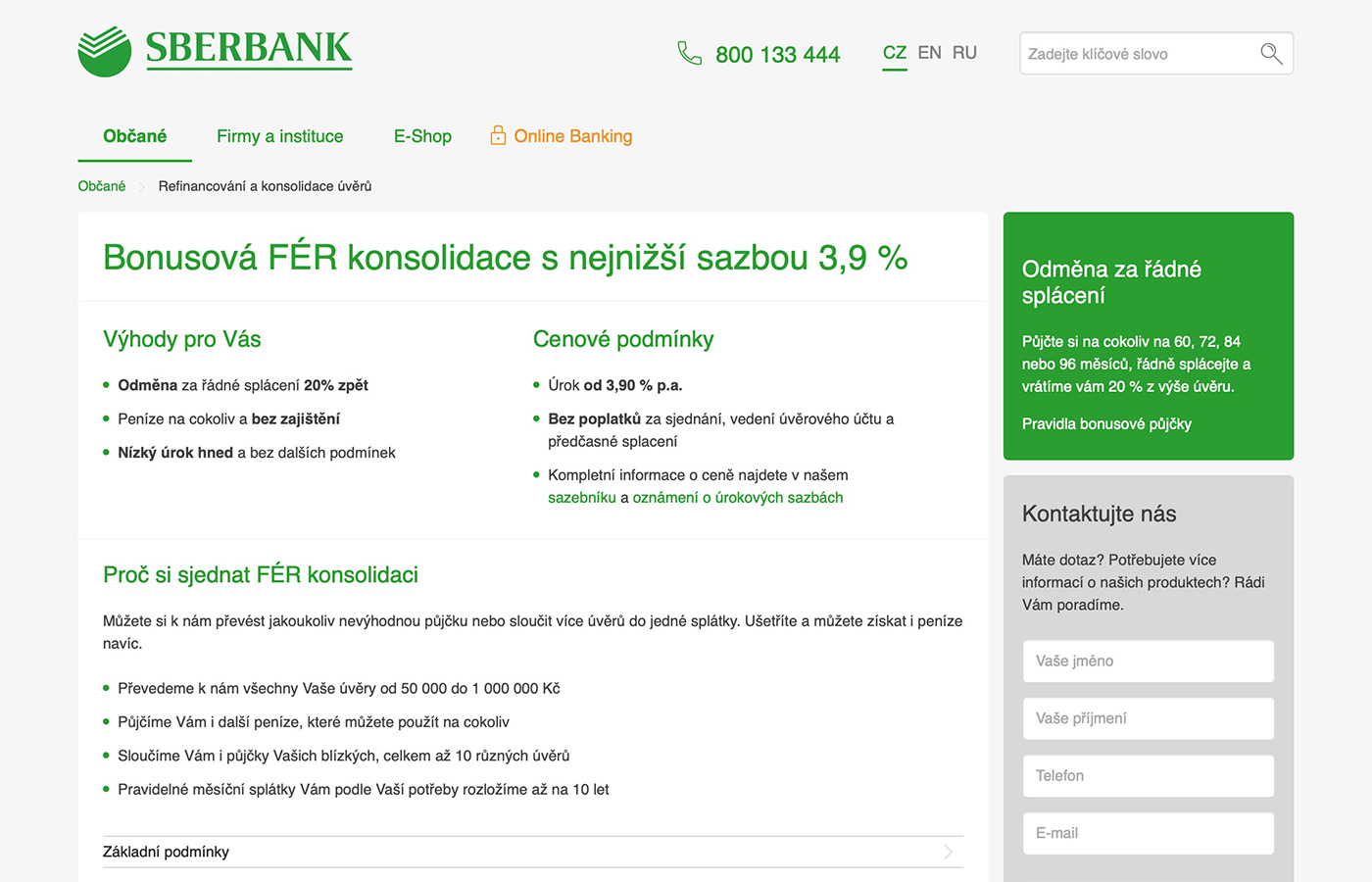 Náhled webových stránek www.sberbankcz.cz/obcane/refinancovani-a-konsolidace-uveru