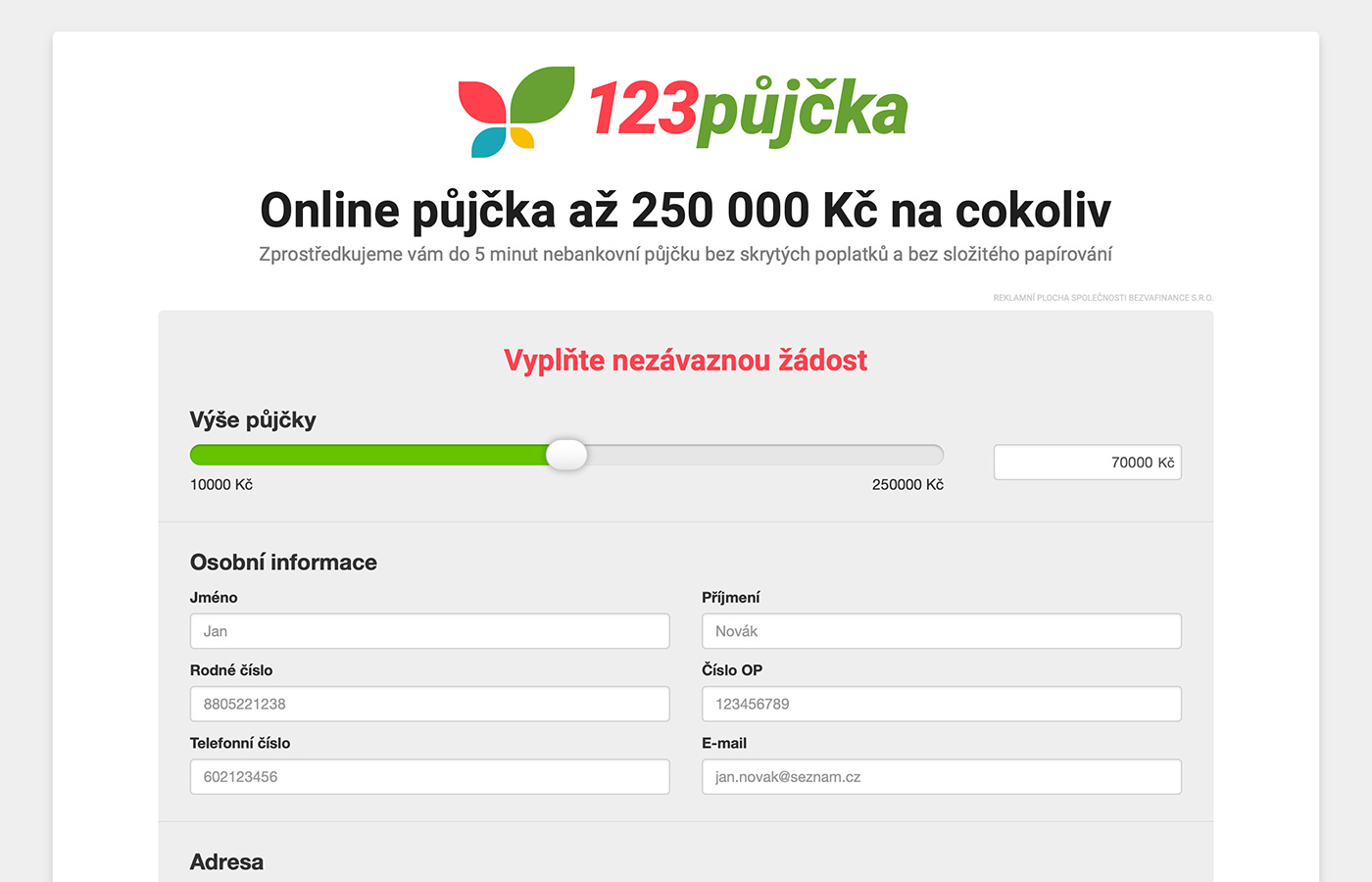 Náhled webových stránek www.123pujcka.cz