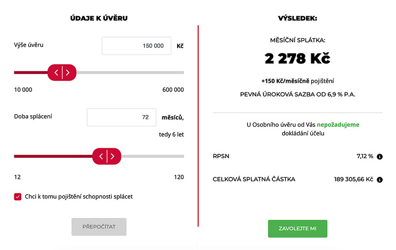 Kalkulačka pro výpočet úvěru na webu www.kb.cz