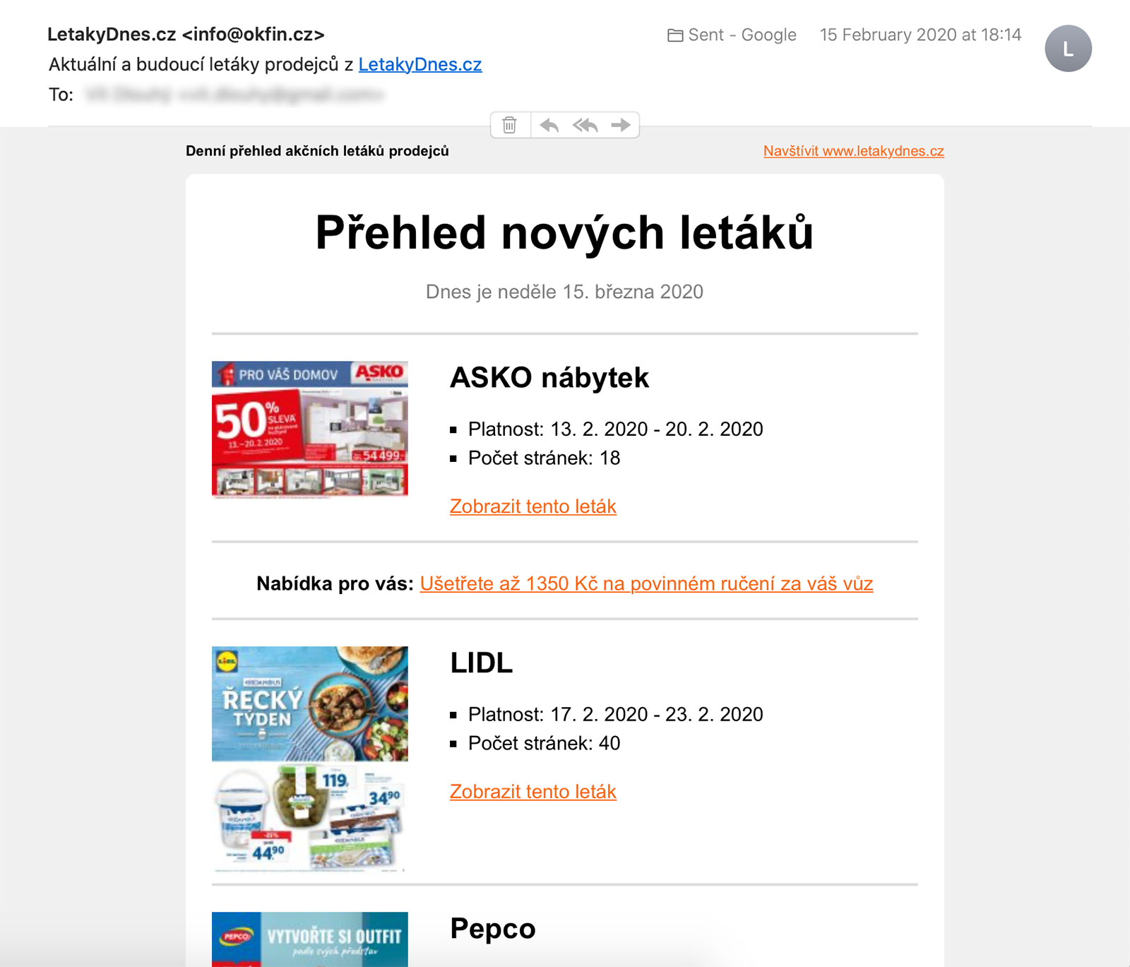 Ukázka přijatého emailu z LetakyDnes.cz